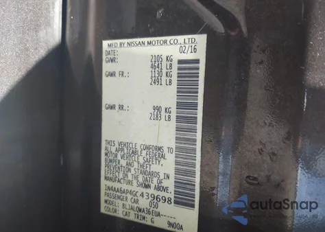 2016 Nissan Maxima 3.5 Platinum/3.5 S/3.5 Sl/3.5 Sr/3.5 Sv z USA, uszkodzony, nr VIN 1N4AA6AP4GC439698